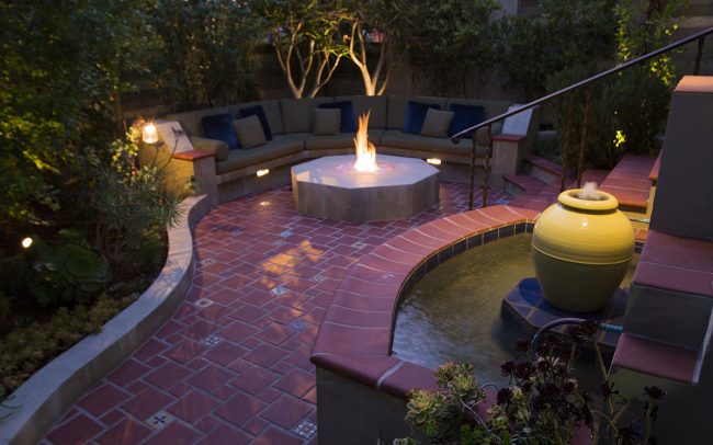Seating area with fire pit and fountain